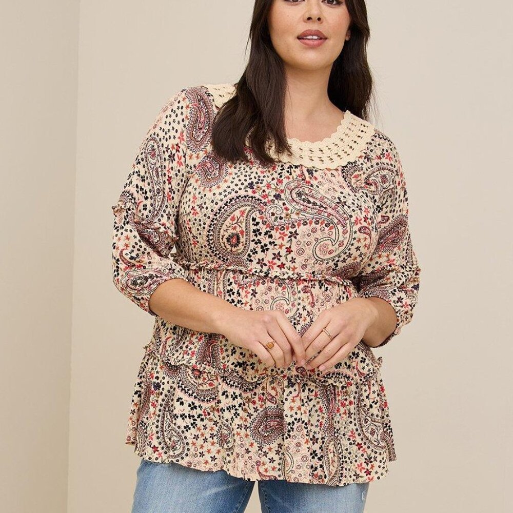 Torrid Boho Peasant Paisley Print Babydoll Blouse Top Size 2X Crochet Neckline